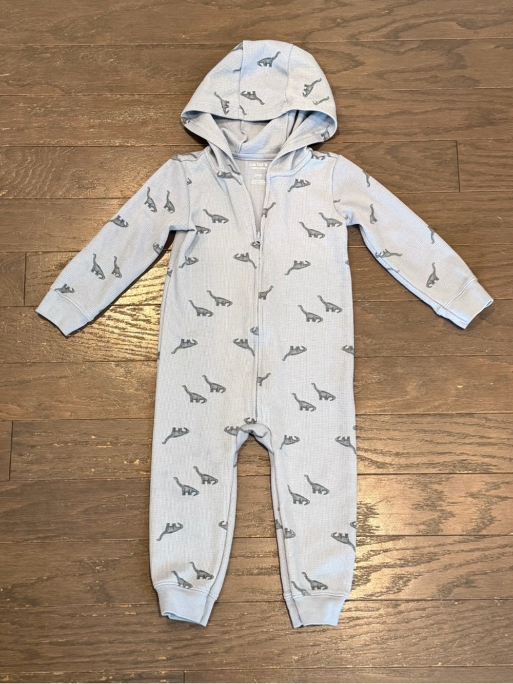 Carters Child of Mine Boys Blue Dinosaur Waffle Knit‎ Hooded Sleeper 24M Pajamas